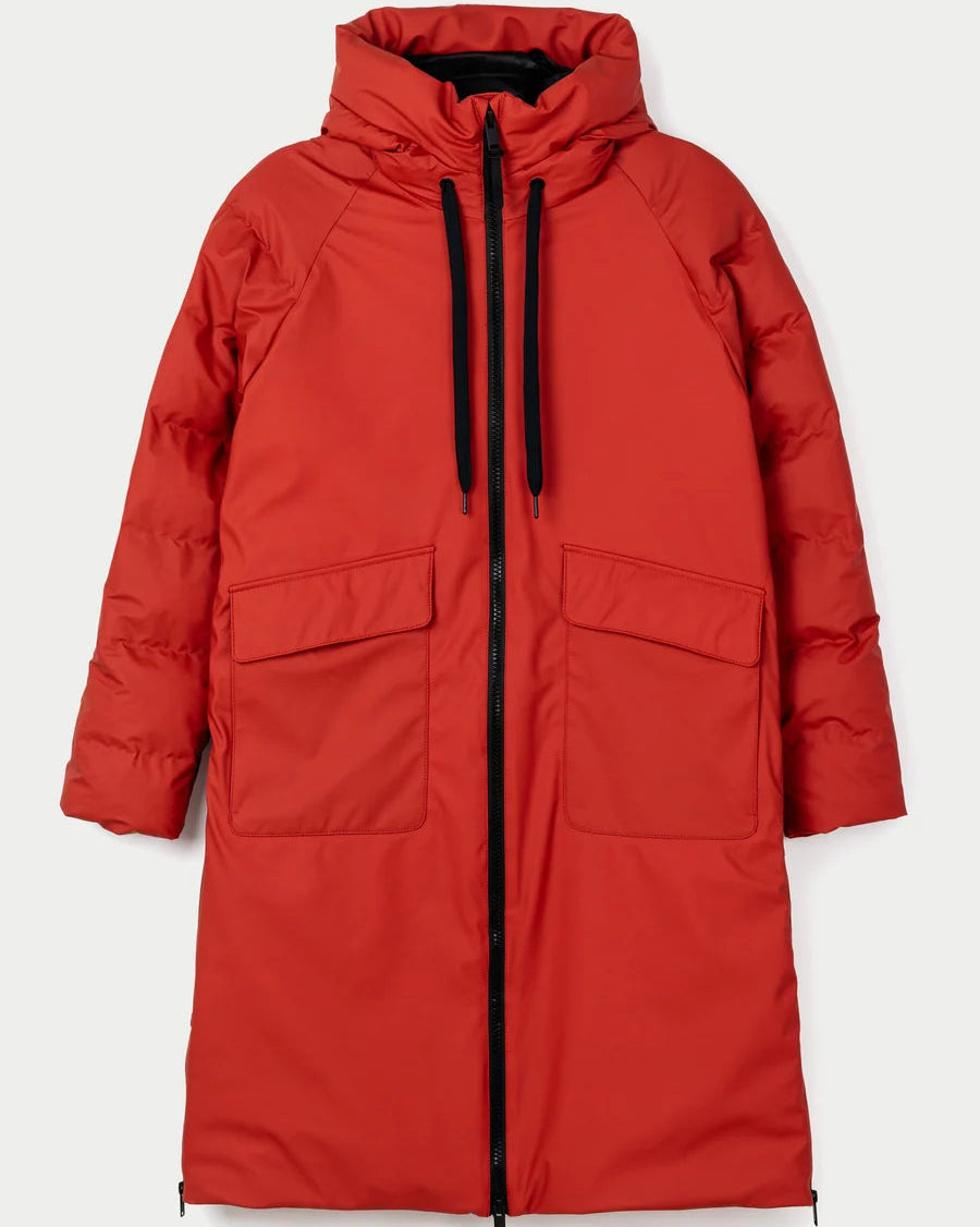 A red hooded puffer coat with a front zipper, black drawstrings, and two large front flap pockets, shown flat against a light gray background.