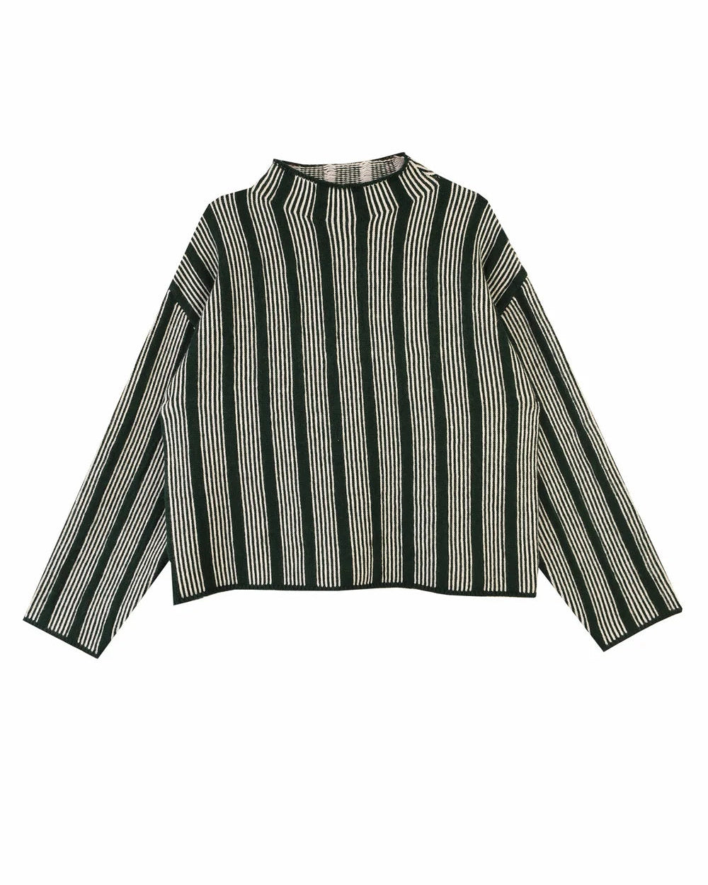 A cropped knit sweater with vertical stripes in black and cream, featuring a mock neck and long sleeves, laid flat against a white background.