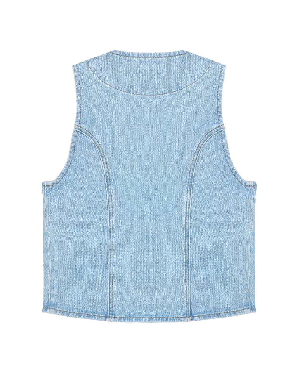 Light blue denim vest on a white background