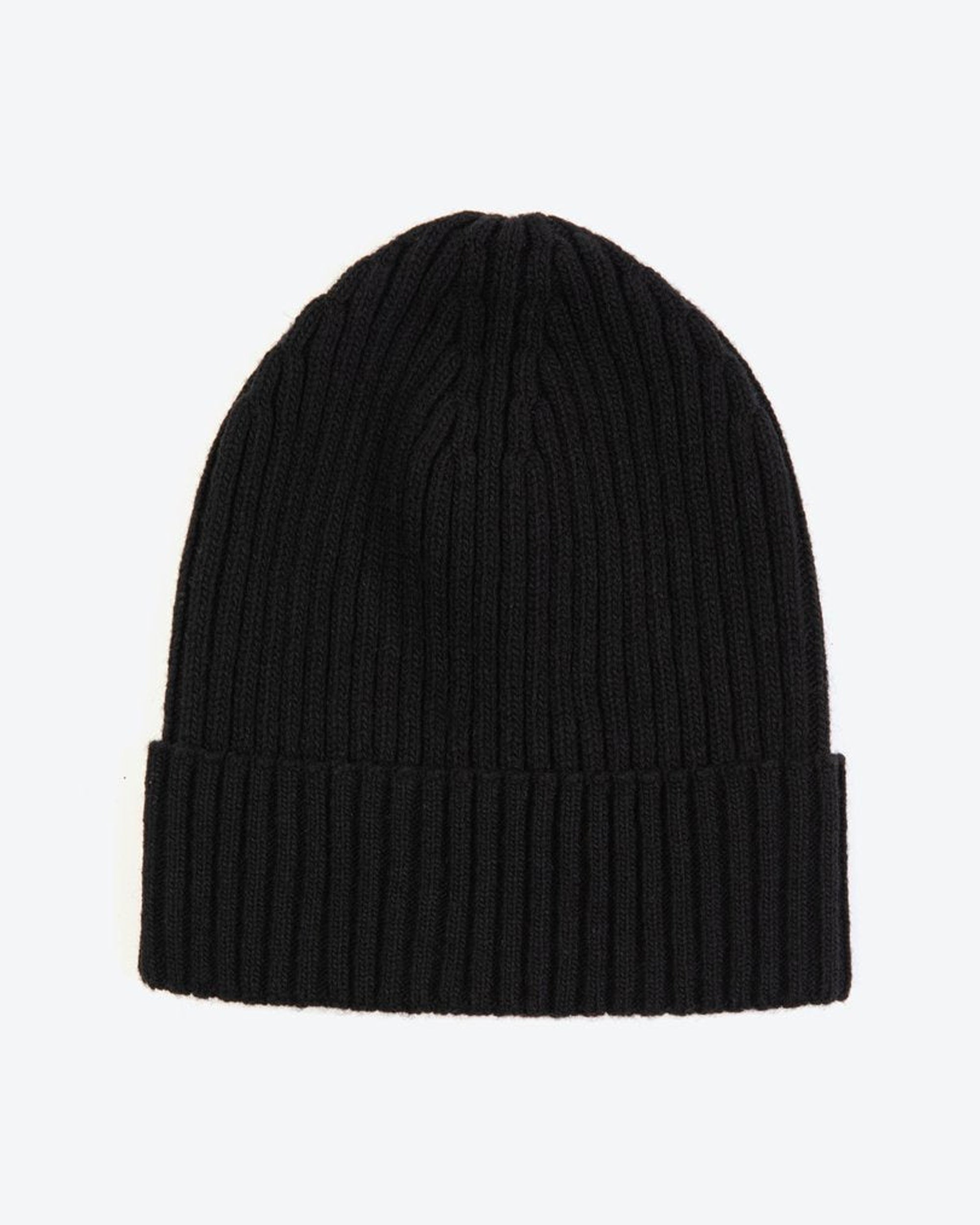 A black wool-ribbed beanie hat with a fold-over cuff.