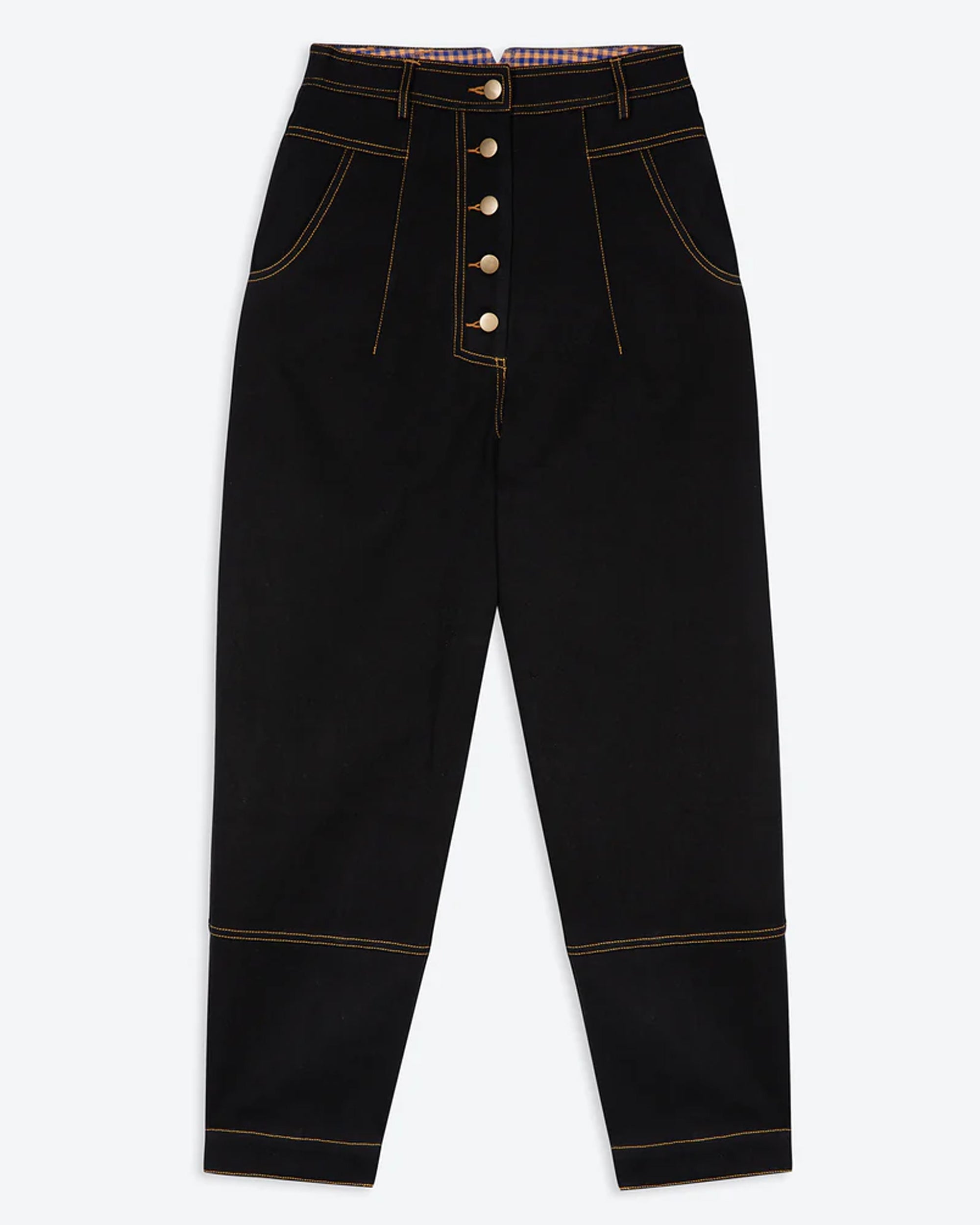 A pair of black cotton drill trousers with a high waist, wide beltband, and 5 button fly front. Features include slanted side pockets and raw stitching.