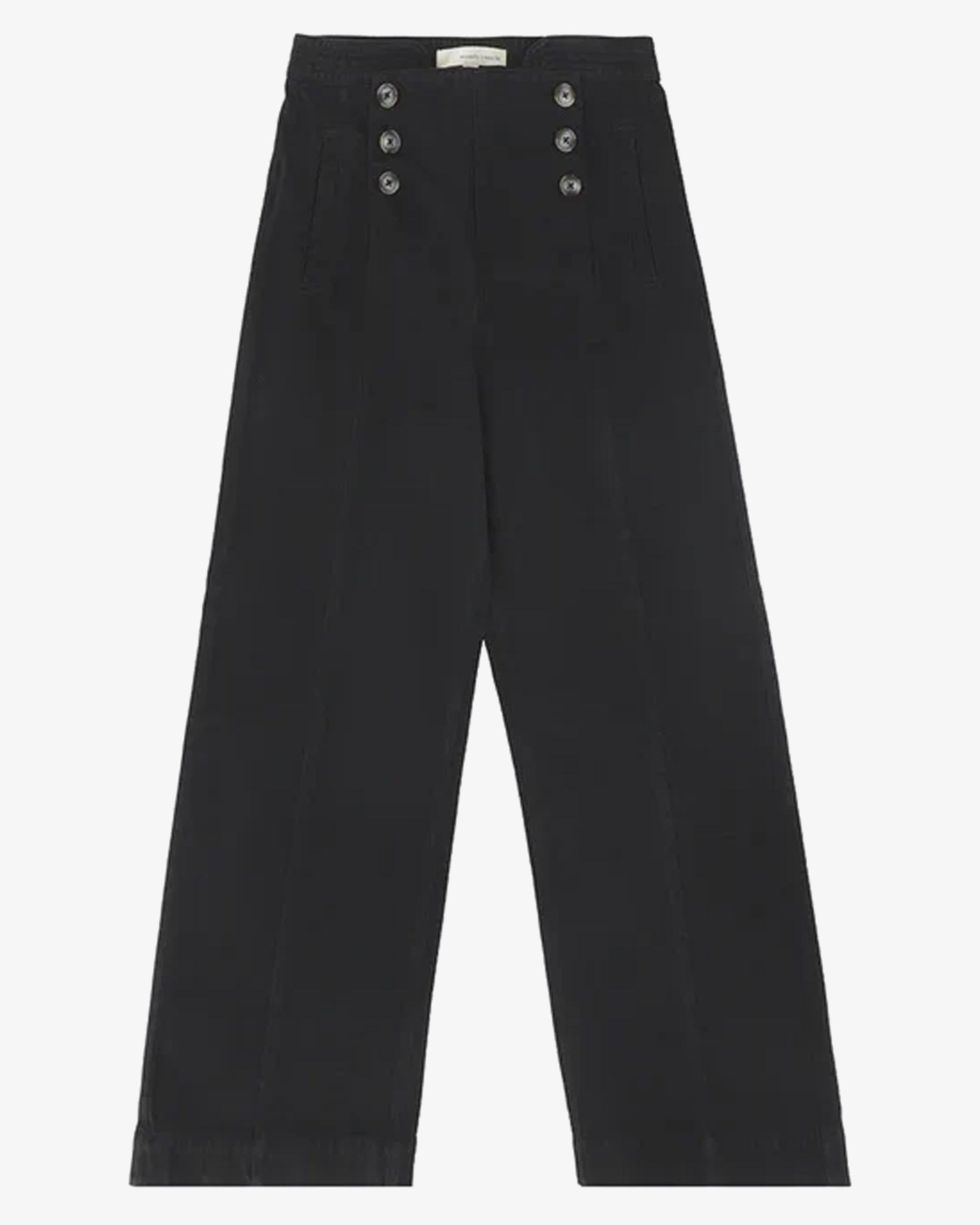 Black pants with button details on a white background