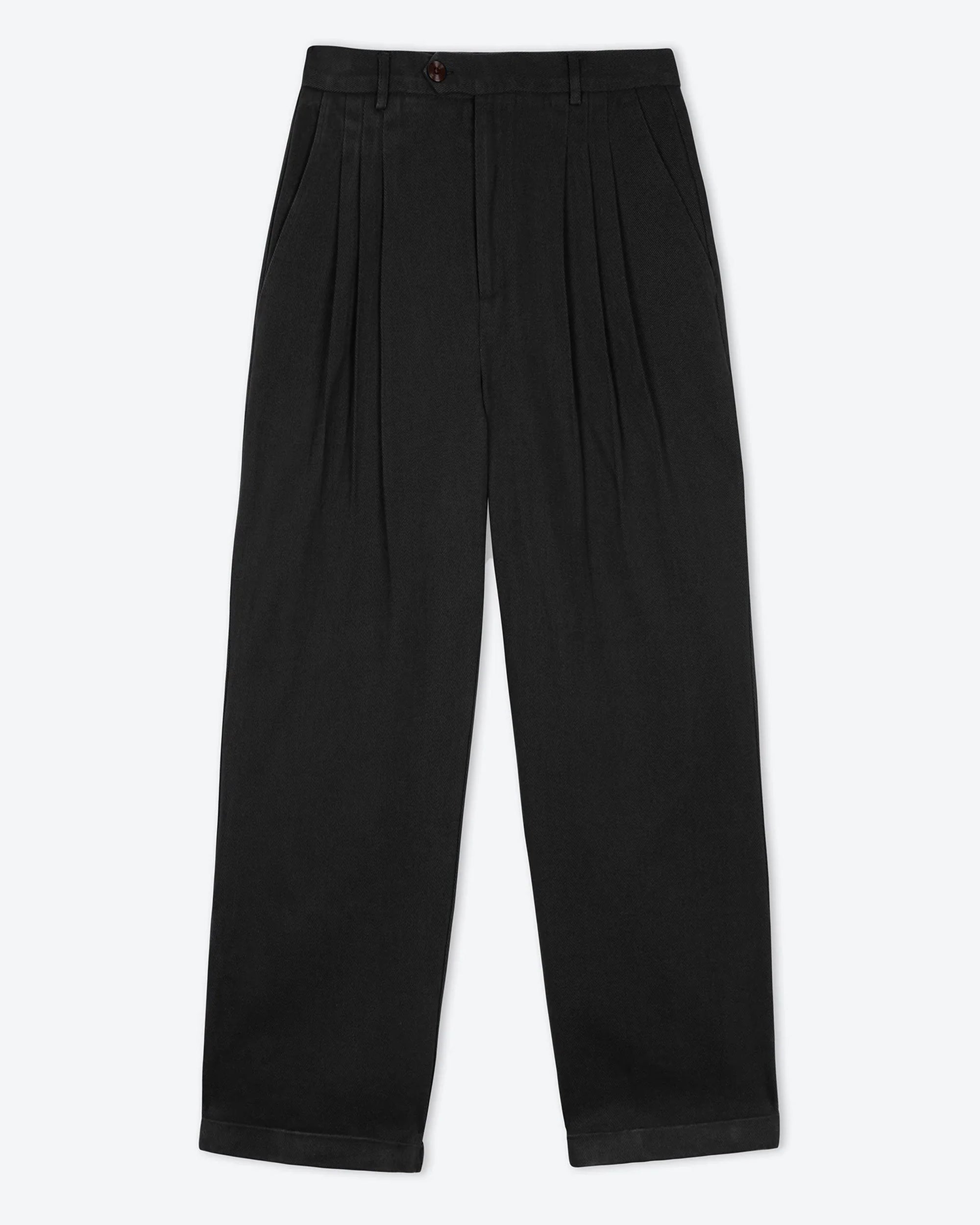 A pair of black pleat front trousers with a tab front opening and back jet pockets.