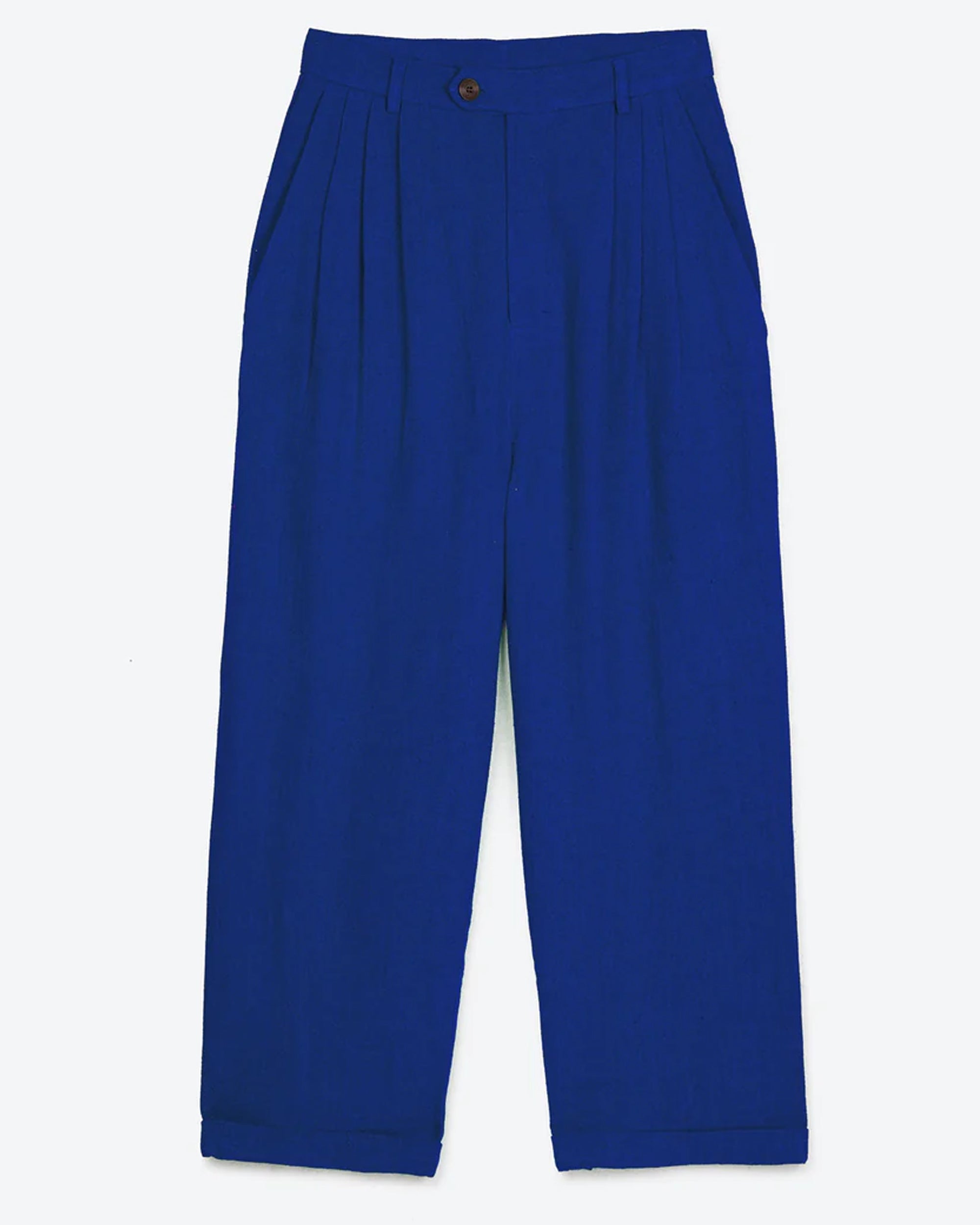 A pair of royal blue linen viscose pleat trousers with a wide leg, displayed against a plain background.
