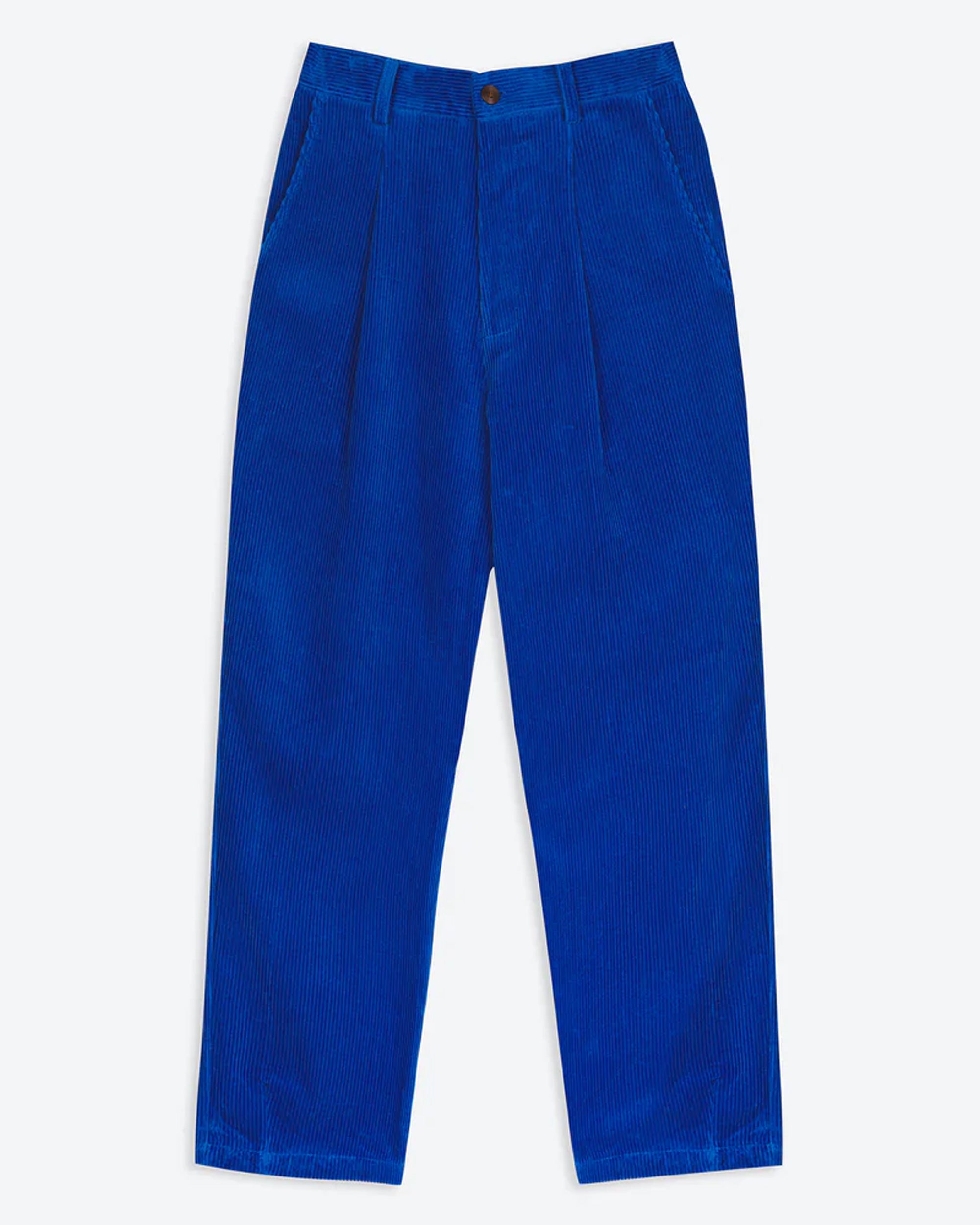 A pair of electric cobalt blue corduroy easy trousers with a 4-pocket design, belt loops, pleats, and a tapered leg.