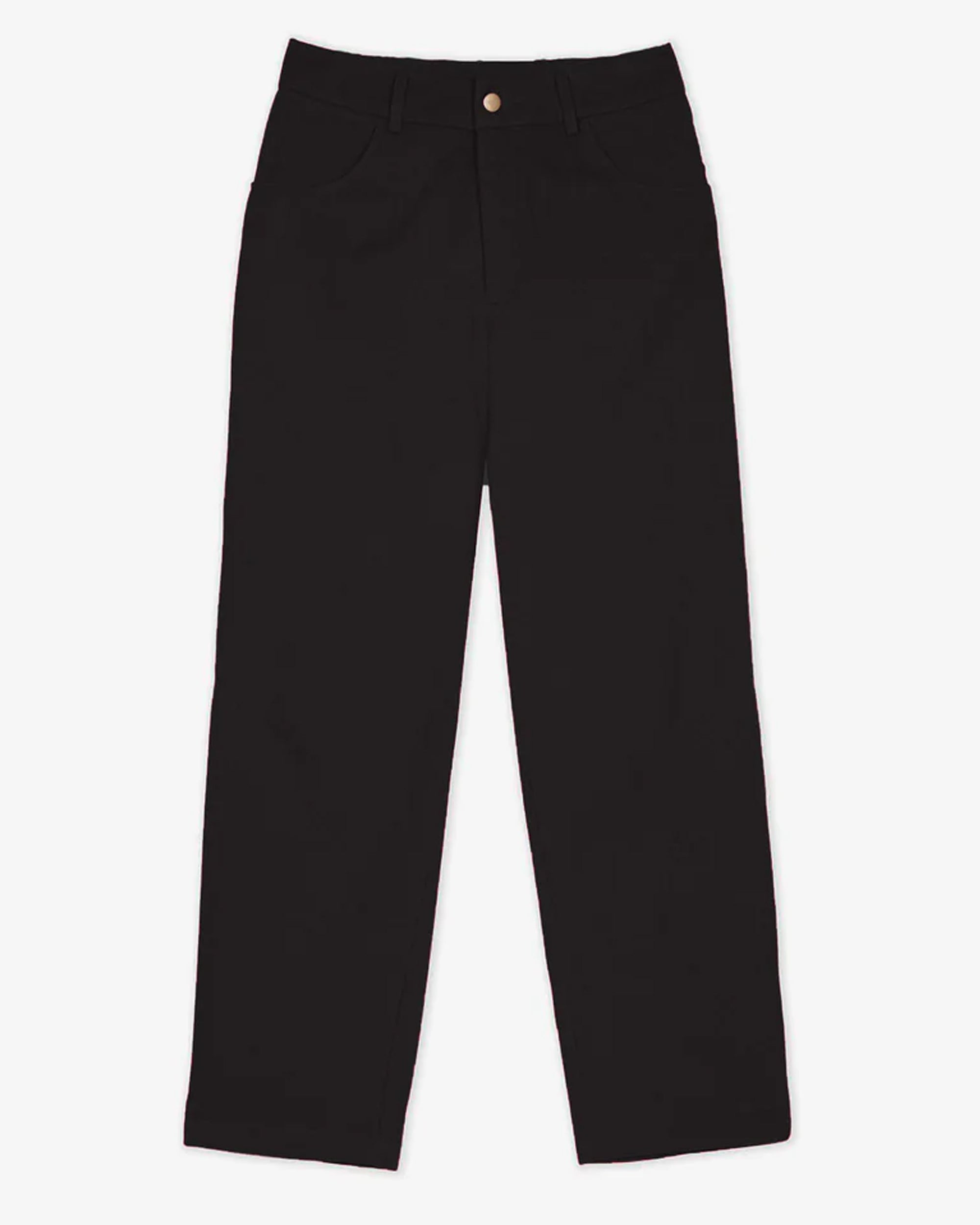 A pair of flat front black trousers with side and back pockets, made of cotton twill fabric with belt loops.