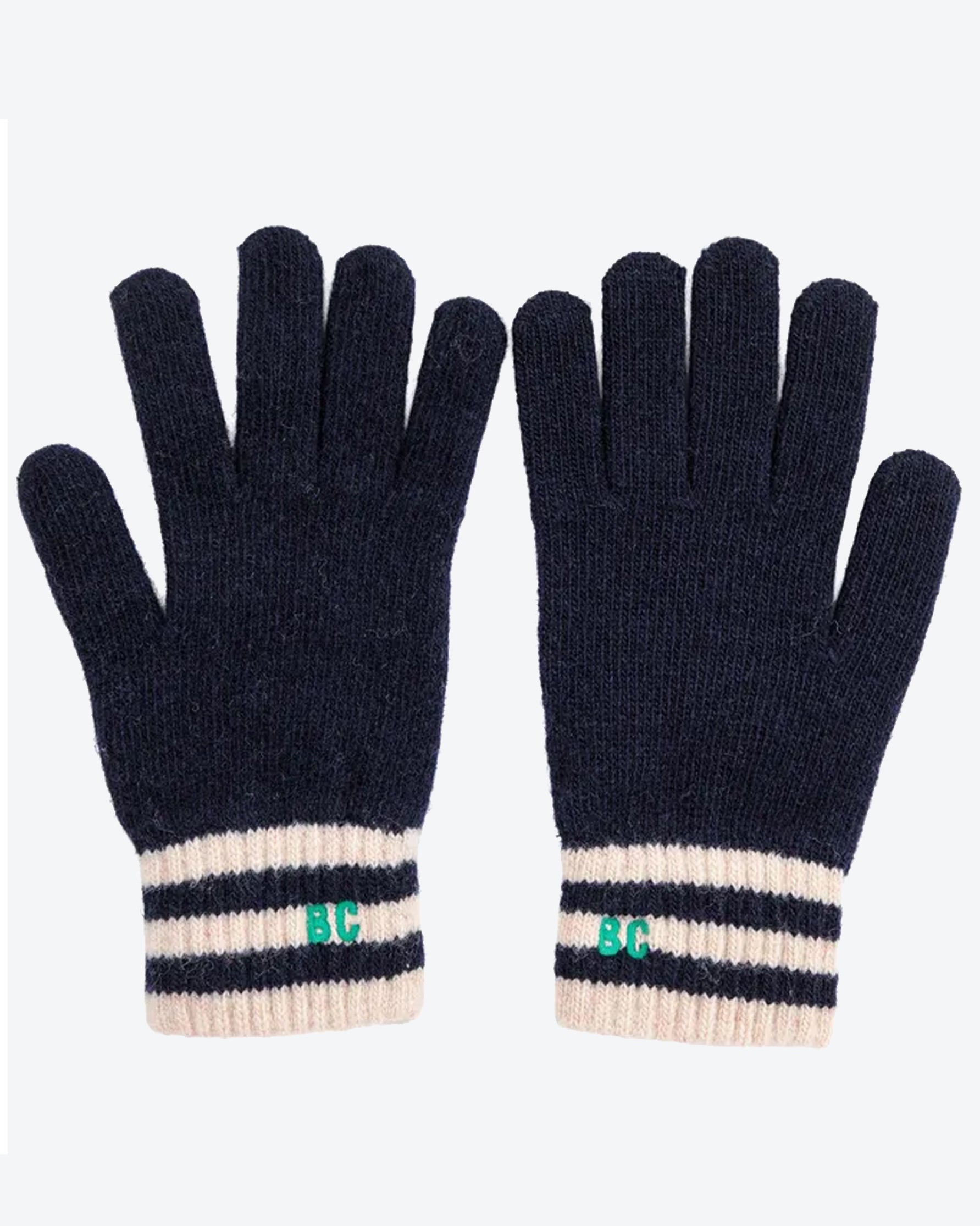 Pair of black gloves with striped cuffs on a white background