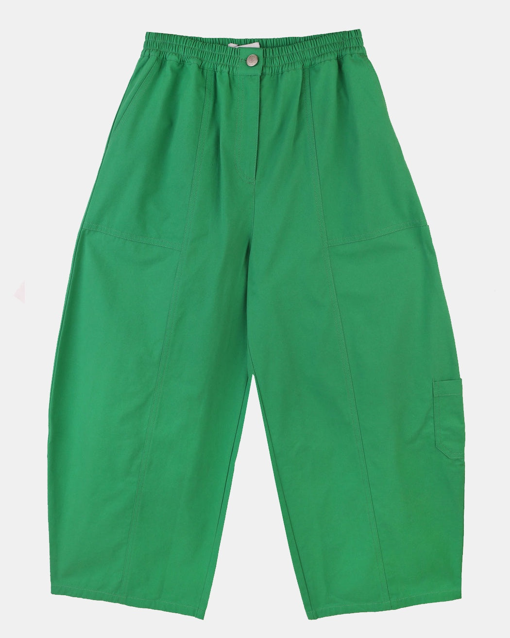 A pair of green cotton workwear style trousers with high elasticated waist and utility style pocket detailing.