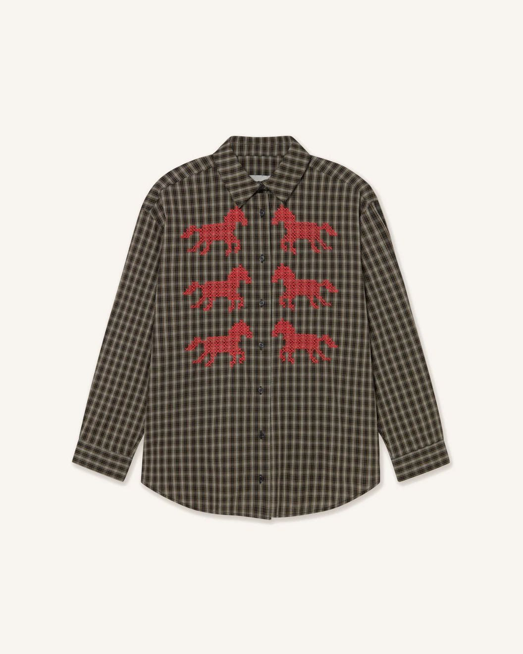 A long-sleeve button-up shirt in a brown and black checkered pattern, featuring six red embroidered horse motifs on the front, displayed against a light cream background.