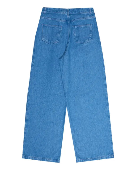 A pair of blue denim jeans with a straight-leg silhouette and back pockets featuring embroidery.