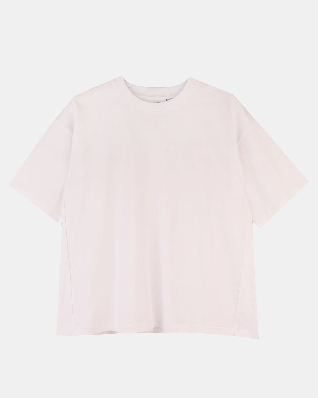 A white, short-sleeved t-shirt with a round neckline and a gathered back yoke, displayed against a plain background.