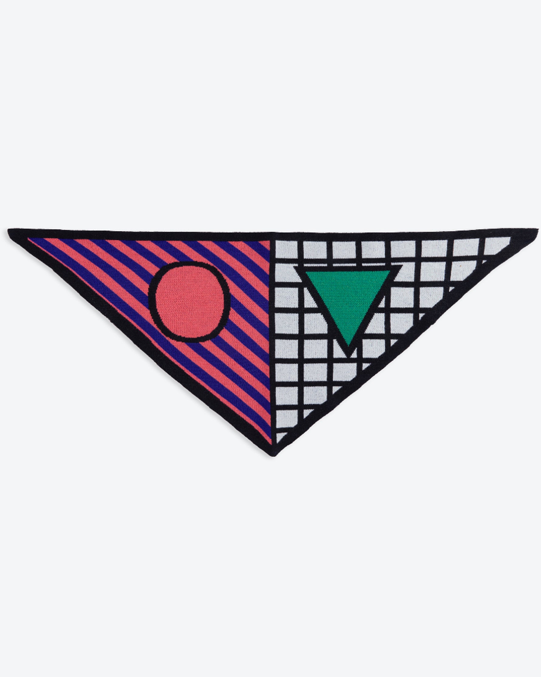 Geometric patterned triangle with red circle, green triangle, and black and white checkered background on a white background