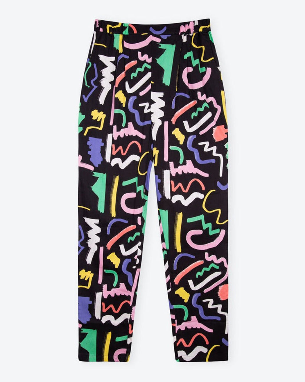 A pair of black holiday trousers with a multicolored scribble print, featuring a high waist, tapered leg, and side pockets.