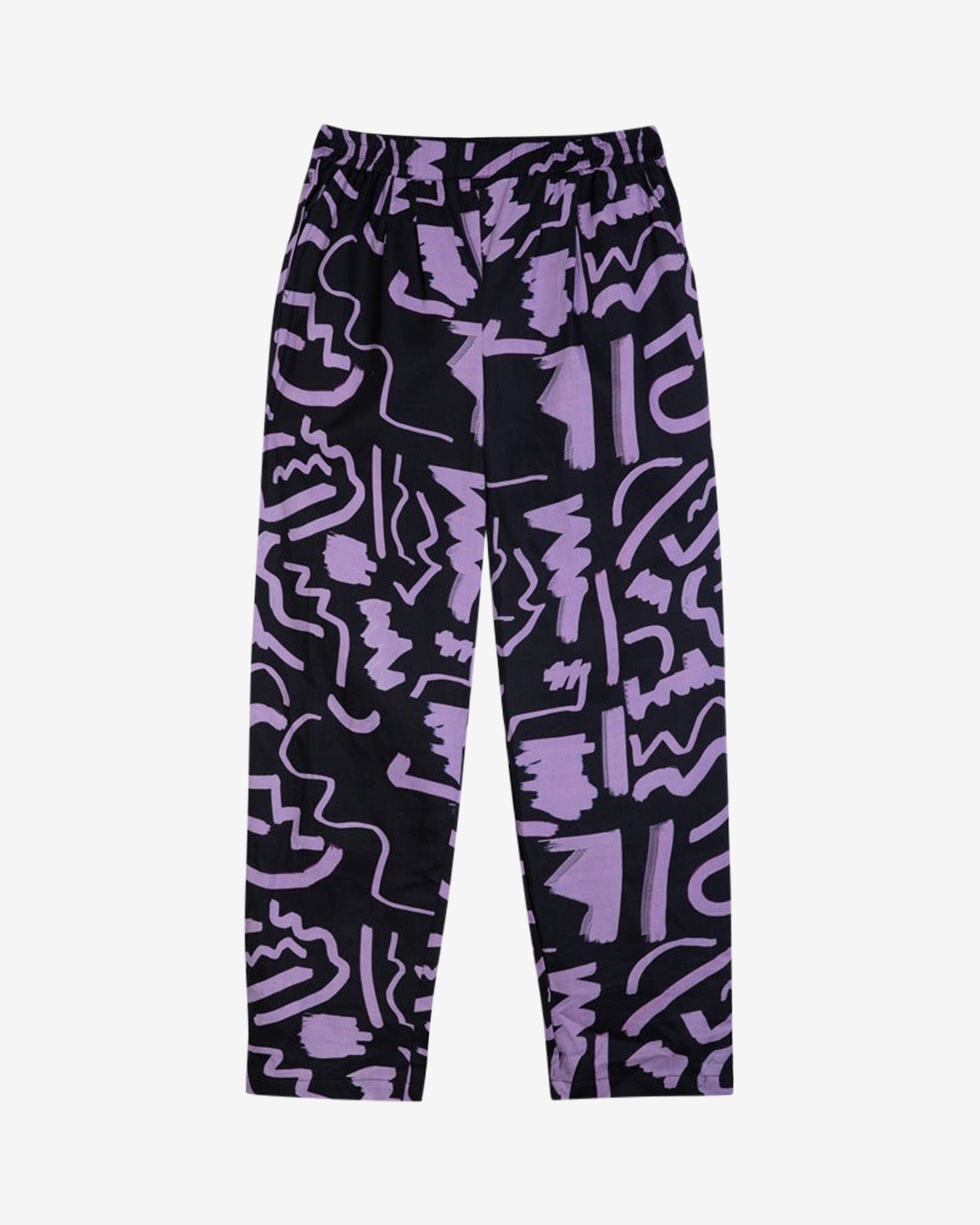 Full-length purple and black scribble print trousers with a high-rise fit and elasticated waistband, including pockets.