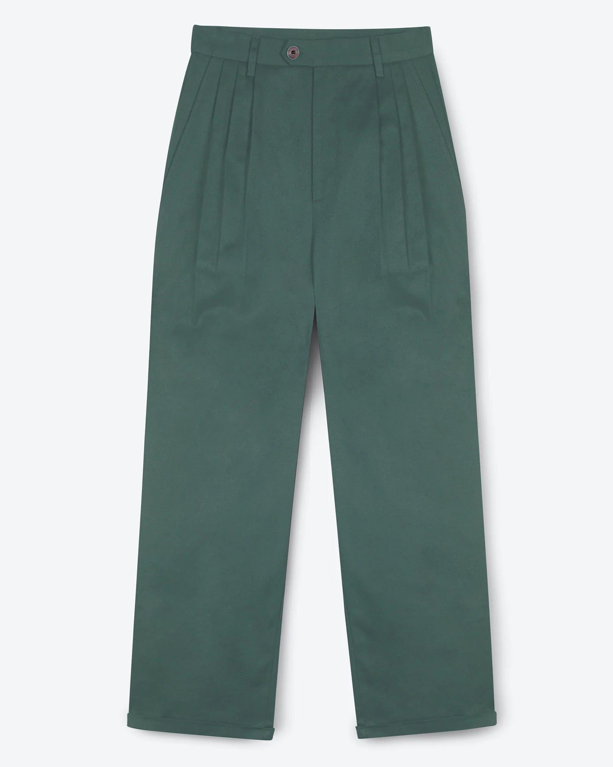 A pair of green pleat front trousers with a tab front opening and back jet pockets.