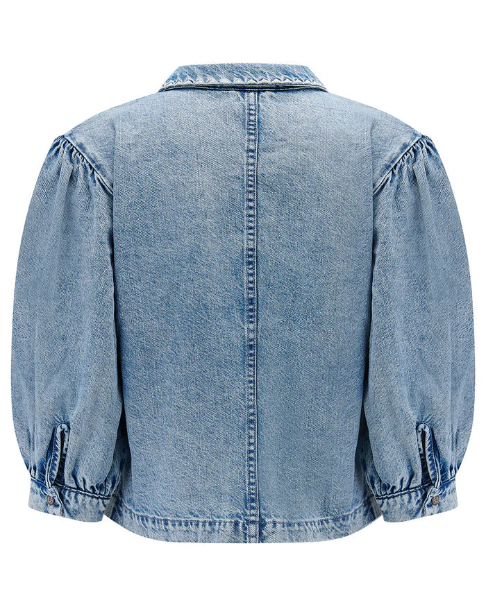 Blue denim jacket on a white background