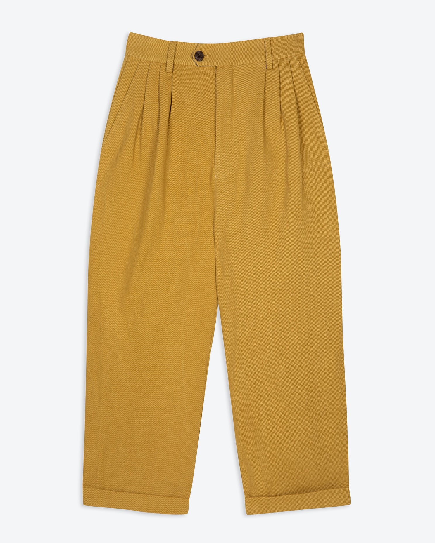 A pair of mustard yellow, pleat-front trousers with a tab front opening and back jet pockets.
