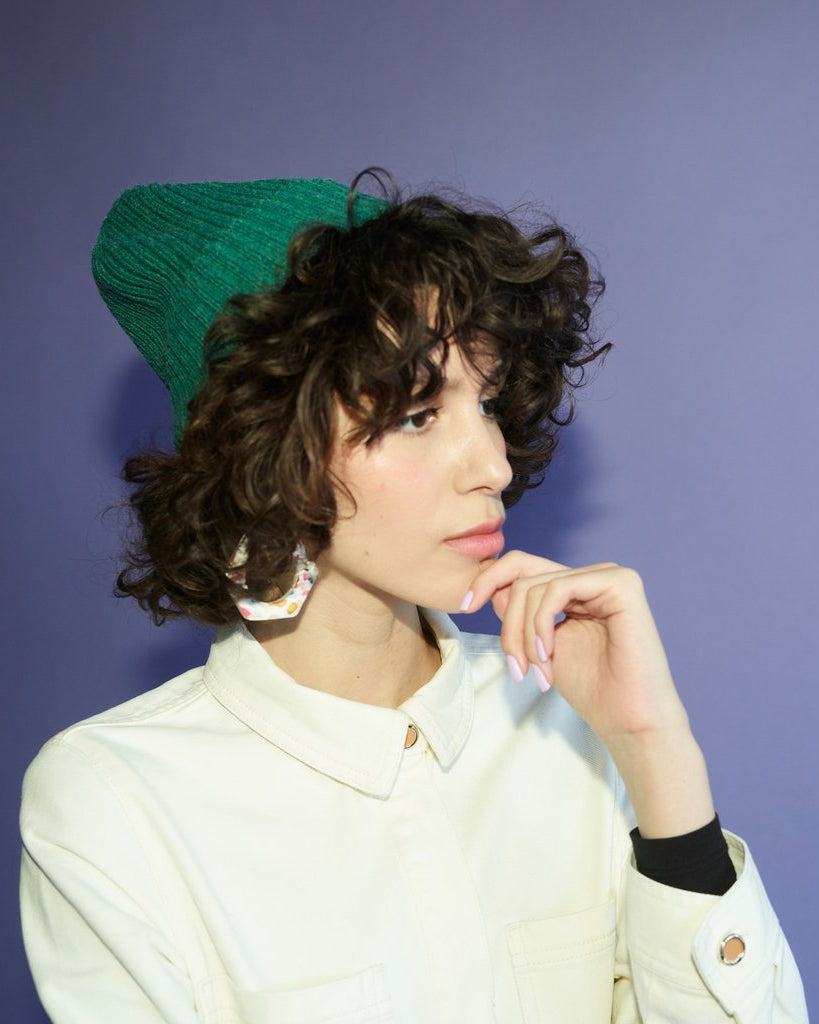 Miss Pompom Green Wool-Ribbed Beanie