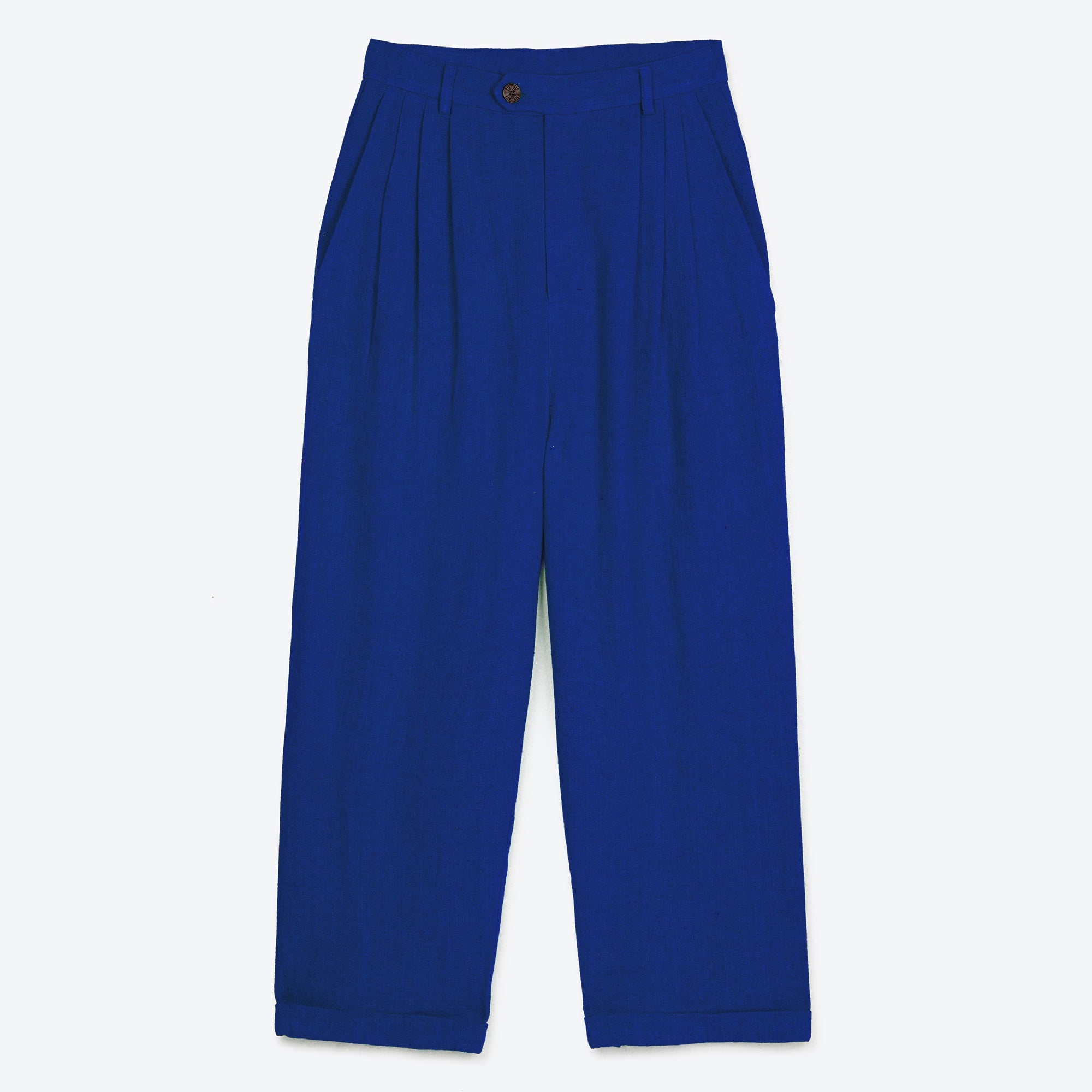 A pair of royal blue pleated linen viscose trousers with ankle length, featuring front button fastening and deep pleats.