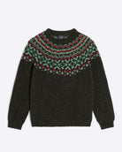 A dark olive green knit sweater with a colorful Fair Isle yoke pattern in green, red, and white, displayed flat against a light gray background.