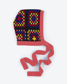 Colorful patterned headscarf with a pink border on a white background