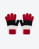 Pair of red, black, and white gloves on a white background