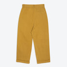 A pair of ochre pleat front trousers with a tab front opening and back jet pockets.