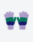 Pair of gloves with green and purple color pattern on a white background