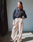 Person wearing Emile & Ida Navy Embroidered Collar Blouse