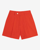 A pair of high-waisted, mid-length, tailored tomato shorts made from a cotton and linen mix.