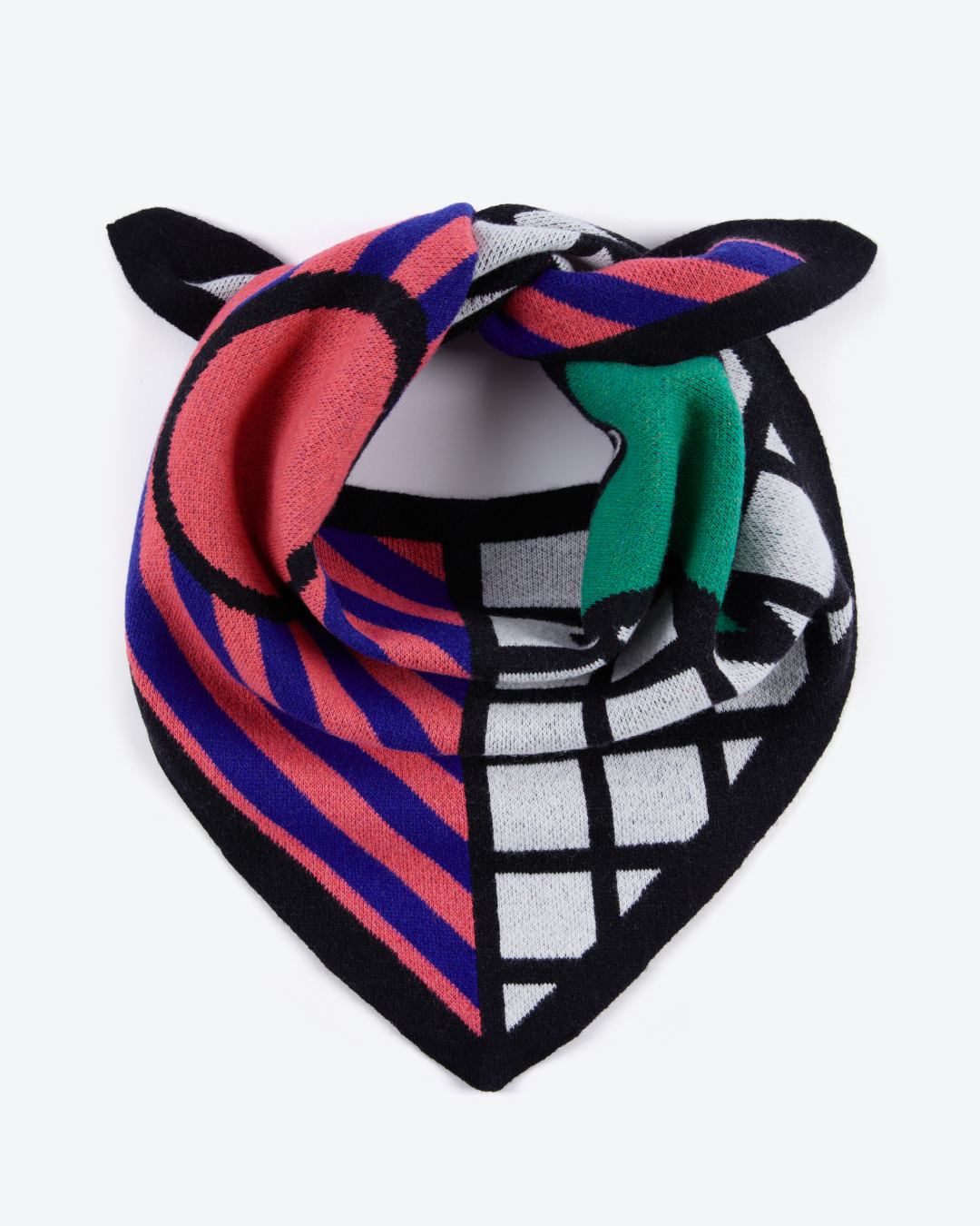 Colorful geometric patterned scarf on a white background