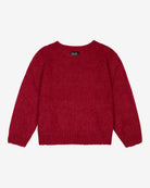 A cropped, bracelet sleeve, round neck red mohair jumper.