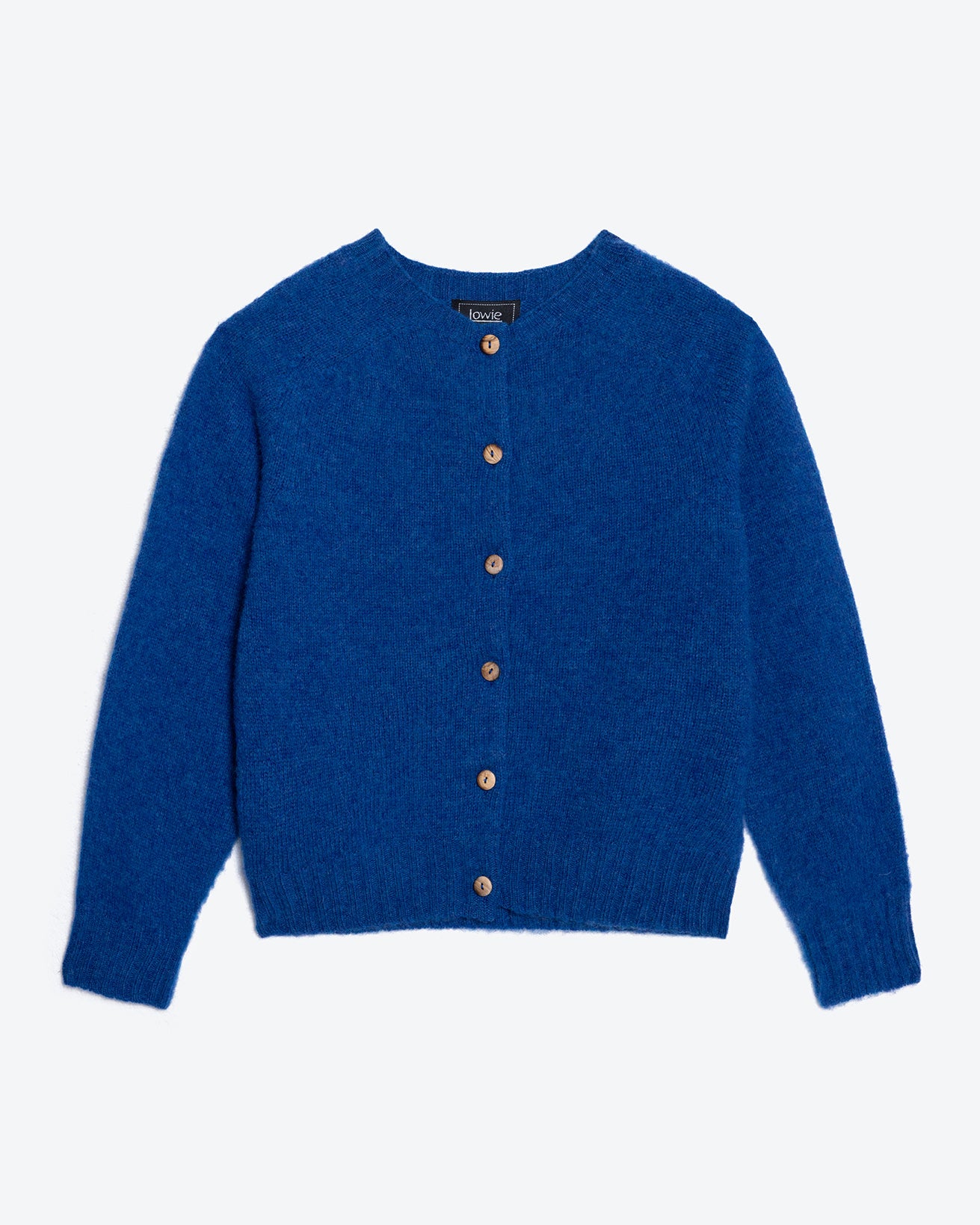 Blue cardigan with button details on a white background