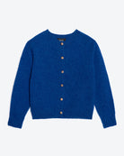 Blue cardigan with button details on a white background