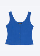 Blue tank top with button details on a white background