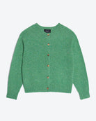 Green cardigan with brown buttons on a light gray background