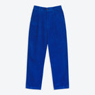 A pair of electric cobalt blue corduroy easy trousers with a 4-pocket design, belt loops, pleats, and a tapered leg.