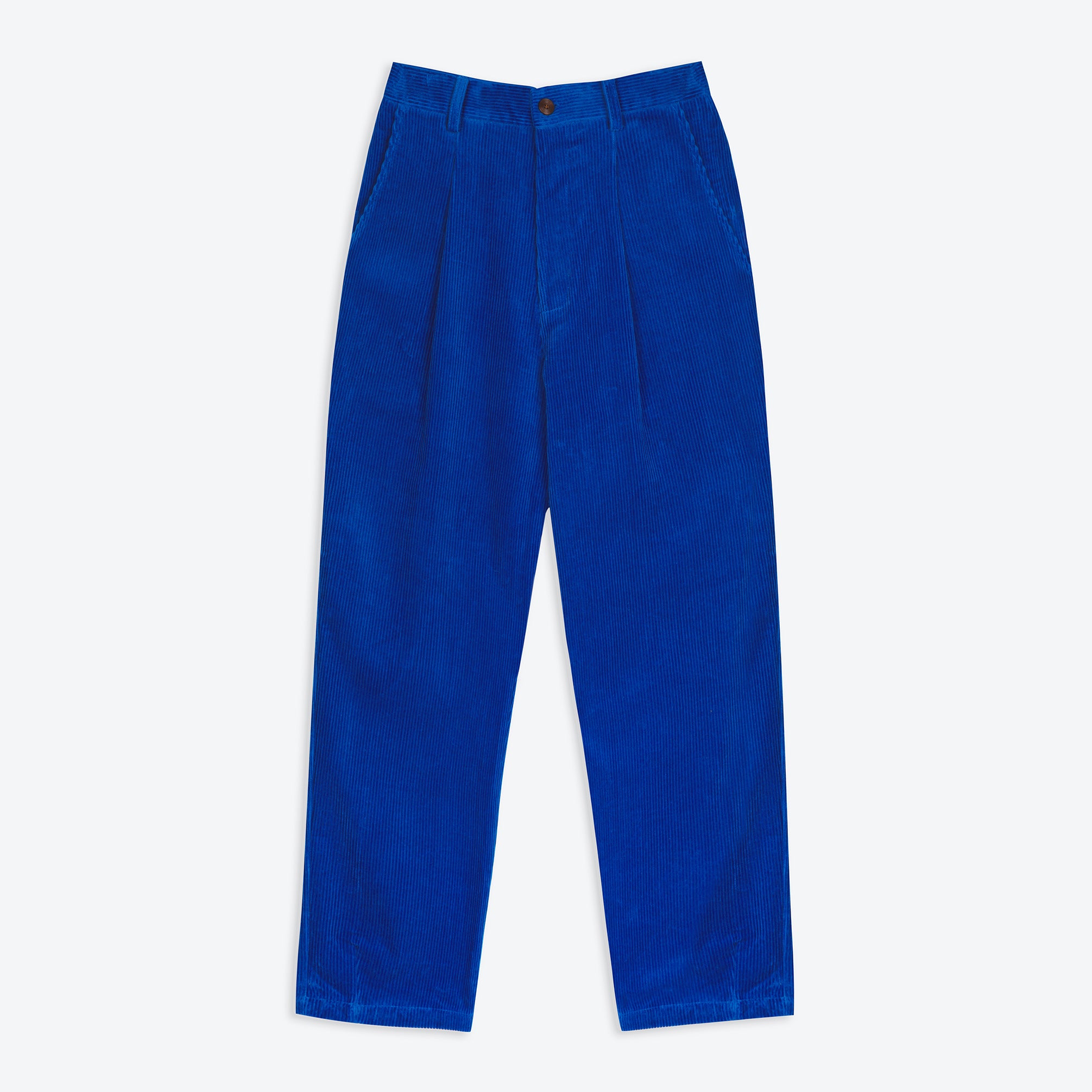 A pair of electric cobalt blue corduroy easy trousers with a 4-pocket design, belt loops, pleats, and a tapered leg.