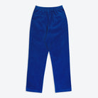 A pair of electric cobalt blue corduroy easy trousers with a 4-pocket design, belt loops, pleats, and a tapered leg.