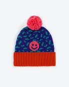 Colorful beanie with smiley face design and pink pom-pom on a white background