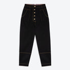 A pair of Lowie Drill Black 5 Button Trouser with slanted side pockets and exposed button fastening on a white background.
