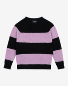 A striped Scottish jumper with horizontal black and lilac blocks, featuring a round neckline and ribbed-knit hemline and trim around neck and wrist.