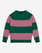 A striped Scottish jumper with horizontal pink and green blocks and a round neckline.