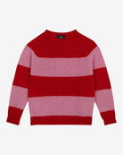 A striped Scottish jumper in pink and red with a round neckline and ribbed-knit hemline and trim around neck and wrist.