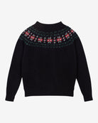 A black sweater with a traditional red, green, and pink fair isle design around the neckline.
