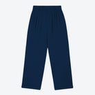Navy pleat front trousers with a wide leg cut, featuring a tab front opening and back jet pockets.