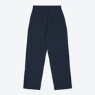 A pair of navy pleat front trousers with a tab front opening and back jet pockets.