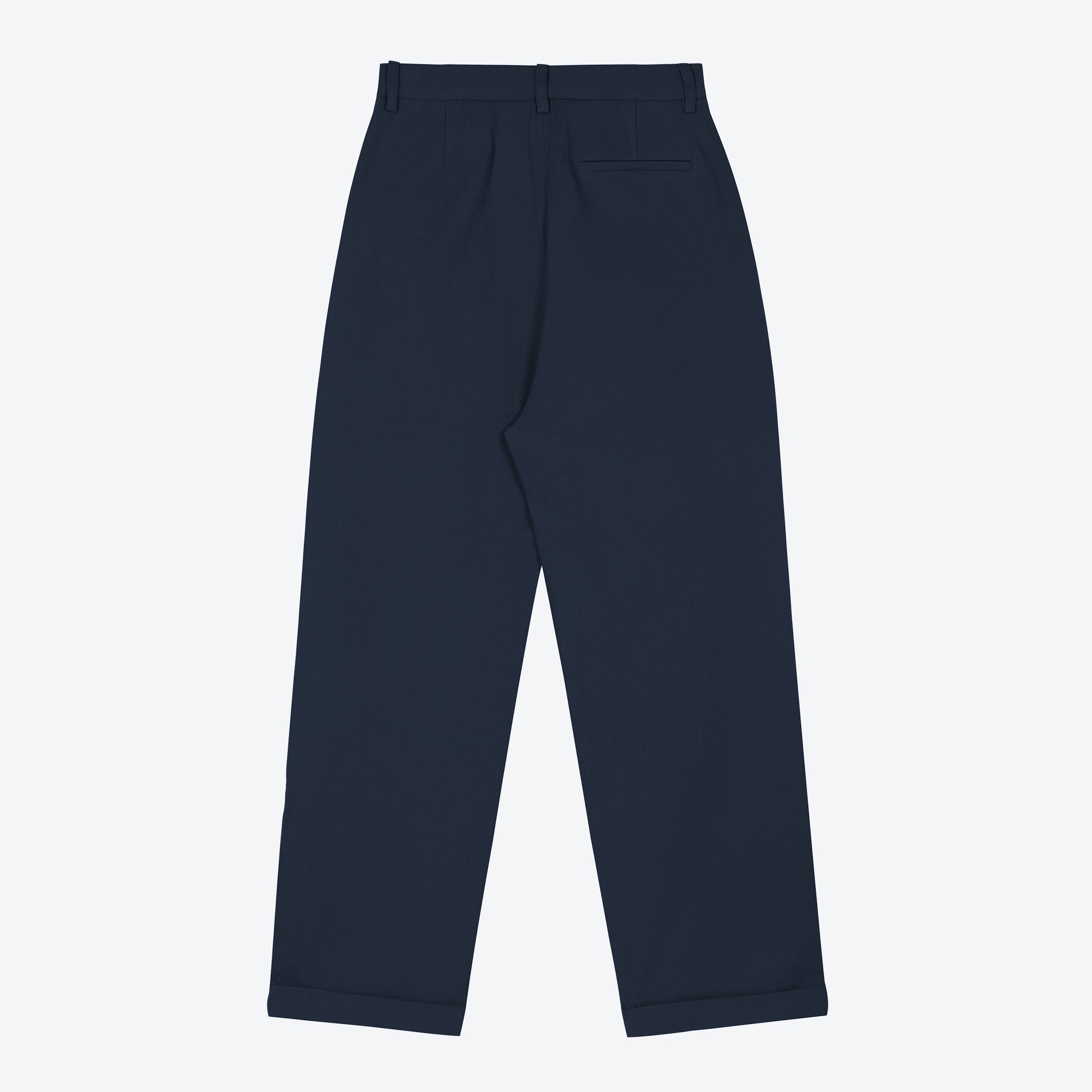 A pair of navy pleat front trousers with a tab front opening and back jet pockets.