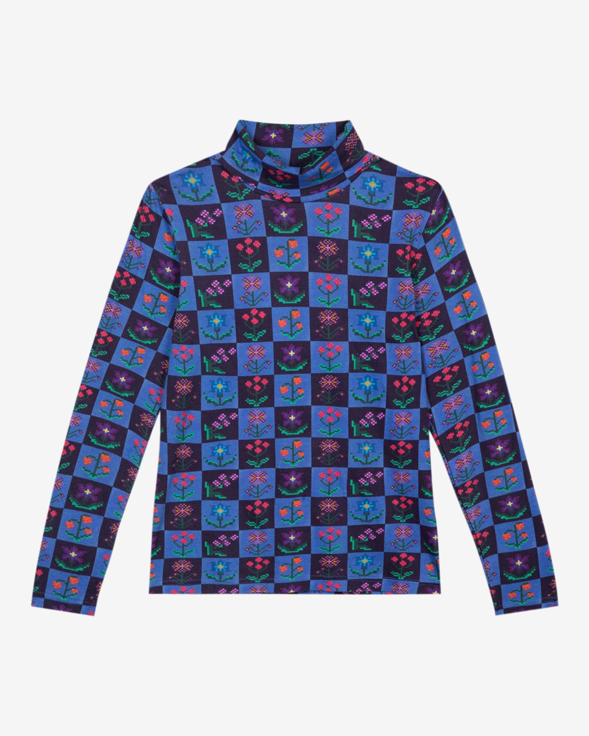 A multicolored checkered roll neck long-sleeve top from Lowie, displayed against a white background.
