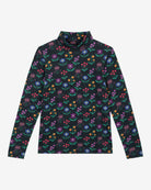 A long sleeve printed roll neck t-shirt with a turtle pattern in multicolor on a black background, made from organic cotton.